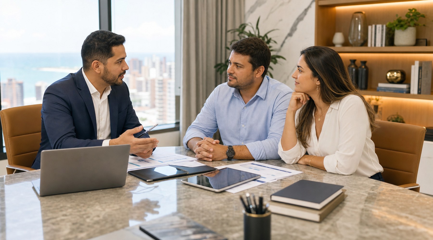 Consultor revisando seguros e benefícios empresariais com clientes em Fortaleza
