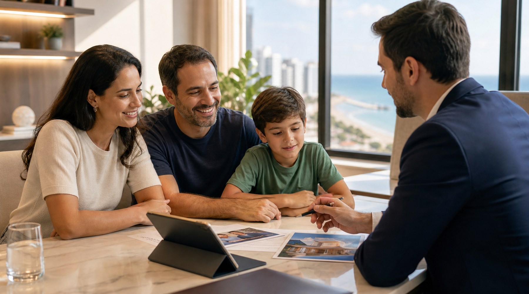 Família conversando com consultor sobre plano de saúde, seguro de vida e proteção residencial