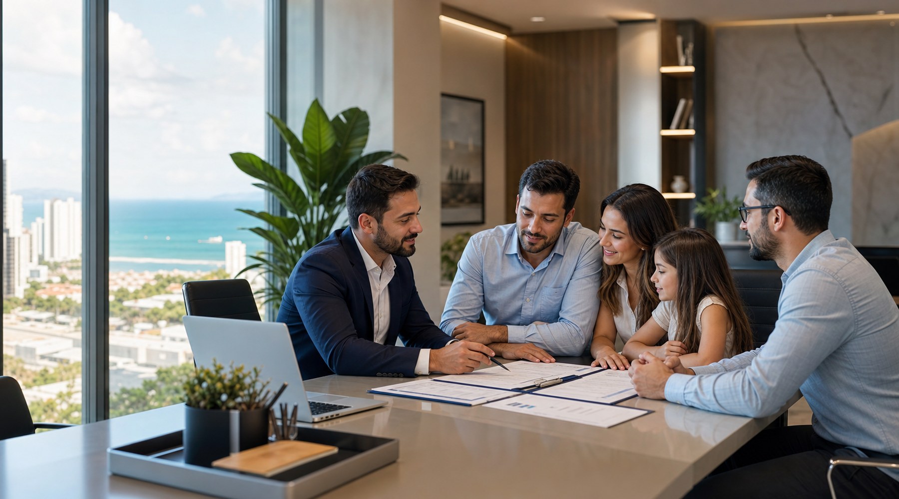 Consultor da ACTM orientando uma família em uma mesa de planejamento de seguros em Fortaleza